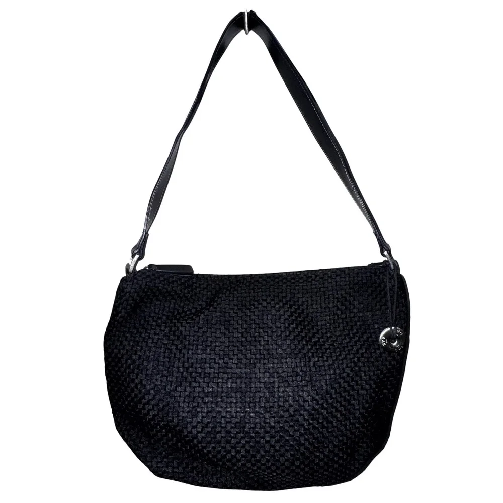The Sak Woven Hobo Shoulder Bag Black Textured Leather Strap Accent EUC